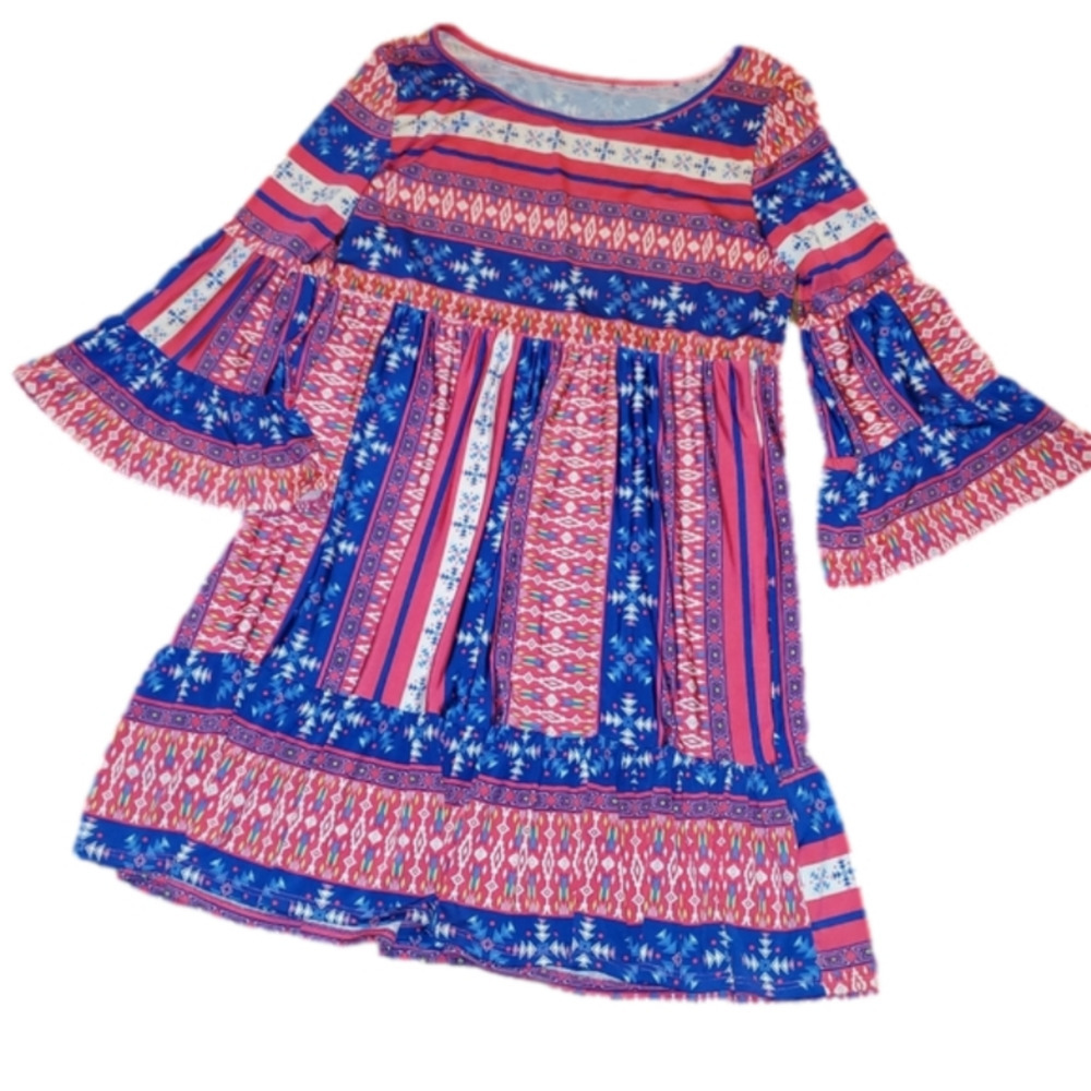 Pink and Blue Patterned Mini Dress with Bell Sleeves - Half Sleeve - Medium